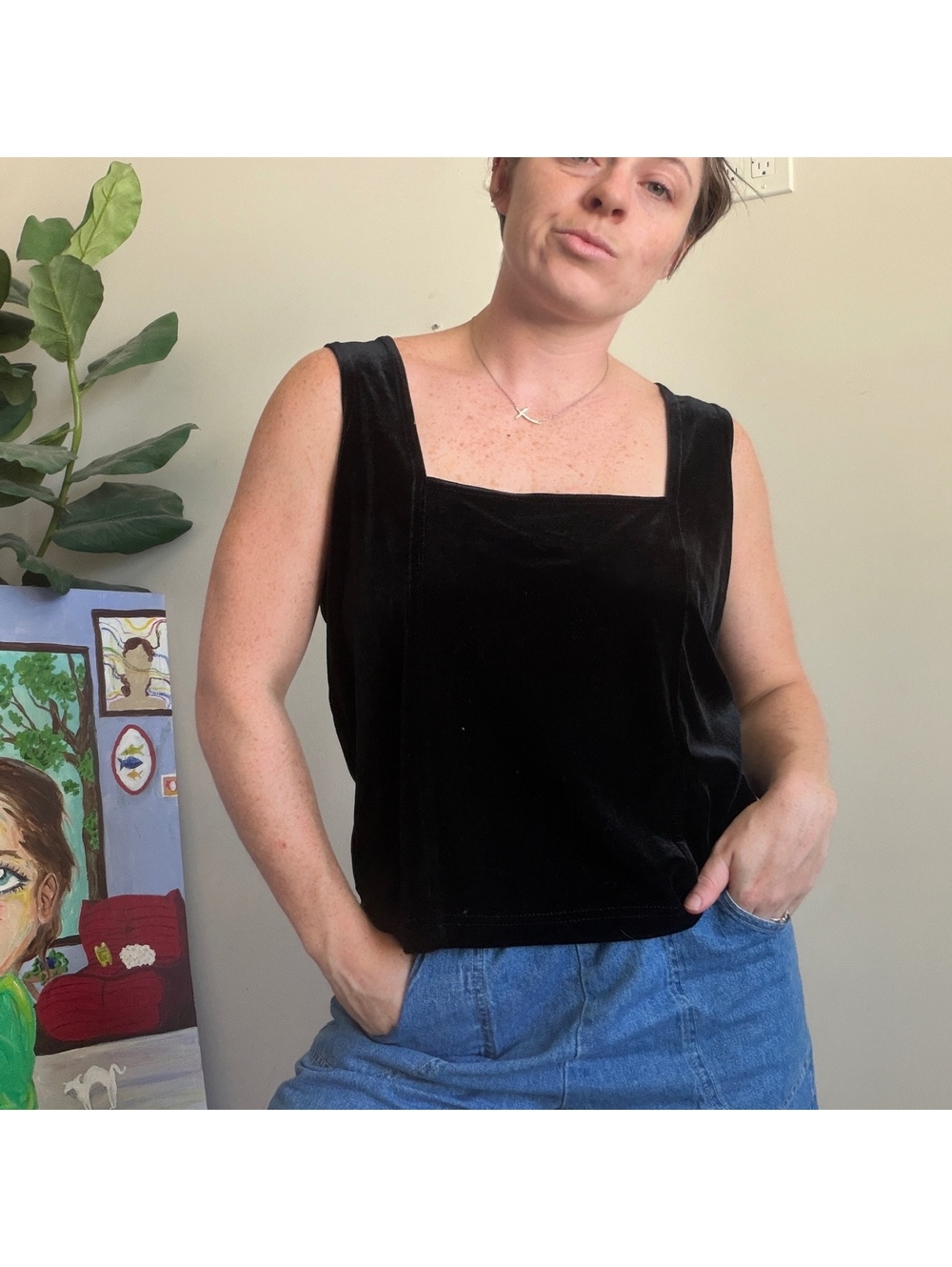 Vintage 90s black velvet tank witchy black velvet sleeveless top